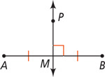 A vertical line passes through point P and intersects horizontal segment AB below at a right angle at point M, forming equal segments AM and BM.