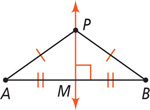 Triangle ABP, with sides AP and BP equal, has a vertical line through P bisecting side AB at a right angle at M.