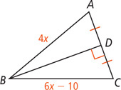Triangle ABC, with side AB measuring 4x and side CB measuring 6x minus 10, has a segment from B bisecting side AC at a right angle at D.