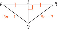 Triangle PQR, with side PQ measuring 3n minus 1 and side RQ measuring 5n minus 7, has a segment from Q bisecting side PR at a right angle at S.