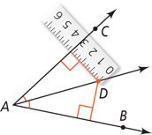 Angle CAB has ray AD creating equal angles CAD and DAB. Segments measuring 3 extend from D on ray AD and meet rays AC and AB at right angles.