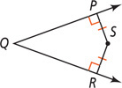 Angle PQR has equal segments SP and SR extending from point S within the angle and meet rays QP and QR at right angles.