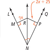 Angle LNQ has angle bisector NR. Segment RM, meeting ray LN at a right angle at M, measuring 7x. Segment RP, meeting ray NQ at a right angle at P, measures 2x + 25.