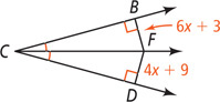 Angle BCD has angle bisector CF. Segment FB, meeting ray CB at a right angle, measures 6x + 3. Segment FD, meeting ray CD at a right angle, measures 4x + 9.