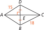 Quadrilateral ABCD, with side AD measuring 15 and side BC measuring 18, has diagonals AC and DB meeting at a right angle at E, with segments DE and BE equal.