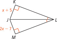 Quadrilateral JKLM, with right angles at K and M, has side JK measuring x + 5, side JM measuring 2x minus 7, and diagonal JL bisecting angle L.