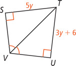 Quadrilateral STUV, with right angles at S and U, has side TS measuring 5y, side TU measuring 3y + 6, and diagonal TV bisecting angle V.