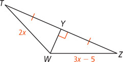 Triangle TWZ, with side WT measuring 2x and side WZ measuring 3x minus 5, has a segment from W bisecting side TZ at a right angle at Y.