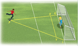 A soccer goalie stands on line GL along the front of the goal with segments connecting to a player kicking a ball at point P, forming triangle GLP. A segment in front of the goal extends from X on side PG to Y on side PL.
