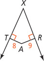 Angle TXR has point A inside, with a segment from A measuring 8 meeting T at a right angle and a segment from A measuring 9 meeting R at a right angle.