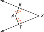 Angle TXR has point A inside, with equal segments extending from A, meeting R and T at right angles.
