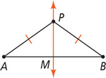 Triangle ABP, with sides AP and BP equal, has a vertical line passing through P and intersecting horizontal side AB at M.