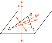 A plane contains triangle ABC. A ray from angle A meeting side BC at a right angle, a line in the plane intersecting side AB at a right angle, and a line passing through point E above the plane all intersect at point M inside the triangle.