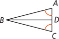 Triangle ABC, with angles A and C equal, has a segment from B to point D on side AC.
