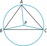 Triangle ABC has vertices on a circle, with segments from each vertex meeting at P in the center of the circle.