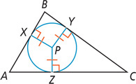 Triangle ABC has equal segments from P inside perpendicular to each side, to X on AB, Y on BC, and Z on AC. A circle inside the triangle is centered at P passing through X, Y, and Z.