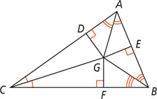 Triangle ABC has each angle bisector and segments perpendicular to each side, at D on side AB, E on AB, and F on BC, meeting at G inside the triangle.