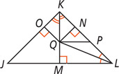 Triangle JKL has angle bisectors of angles K and L and segments perpendicular to each side, at O on side JK, N on KL, and M on JL, intersecting at Q. A segment appearing parallel to side JL extends from Q to P on side KL.