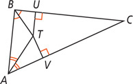 Triangle ABC has angle bisectors of angles A and B and segments perpendicular to two sides, at U on side BC and V on side AC, meeting at T inside the triangle.