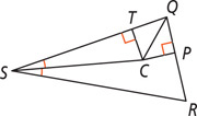 Triangle QRS has angle bisector of angle S, segments perpendicular to side QR at P and QS at T, and a segment from vertex Q all meeting at C inside the circle.