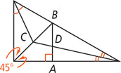 A triangle has two angle bisectors meeting at point C inside the triangle. A segment from the third angle meets the opposite side at B, passing through C. Segment AB is perpendicular to a side at A, intersecting an adjacent angle bisector at D.