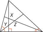 A triangle has two angle bisectors intersecting at Z. A segment from the third angle perpendicular to its opposite side intersects one angle bisector at X and the other at Y.