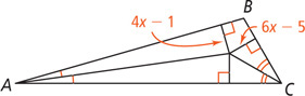 Triangle ABC has angle bisectors from A and C meeting three segments perpendicular to each side at a point inside. The segment to side AB measures 4x minus 1, and the segment to side BC measures 6x minus 5.