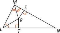 Triangle LMN has angle bisectors from L and M meeting segments perpendicular to side MN at S and side LN at T at point R inside.