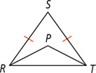 Triangle RST, with sides RS and TS equal, has segments from angles R and T meeting at P near the center of the triangle.