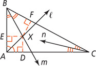 Triangle ABC has angle bisector l extending from A and angle bisector m extending from B intersecting at X. Angle bisector n extends from C. Segments from X at perpendicular to each side, at E on side AB, F on BC, and D on AC.
