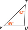 Triangle PUT has interior angles P measuring 45 degrees and T measuring 42 degrees.