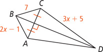 Quadrilateral ABCD, with side AB measuring 2x minus 1, BC measuring 7, and CD measuring 3x + 5, has diagonal BD bisecting diagonal AC at a right angle.