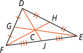 Triangle DEF has medians bisecting side DF at G, DE at H, and FE at J.