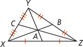 Triangle XYZ has medians bisecting side XZ at A, YZ at B, and XY at C.
