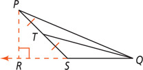 Triangle PQS has segment from vertex Q bisecting side PS at T. A dashed extension of side QS meets a dashed segment from P at a right angle at R.