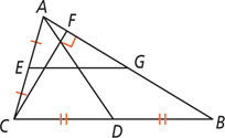 Triangle ABC has a segment from A bisecting side BC at D, a segment from G on side AB bisecting AC at E, and a segment from C meeting side AB at a right angle at F.