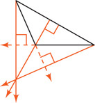 An obtuse triangle has an altitude line extending through the obtuse angle from a right angle at the opposite side, and altitude lines extending from each acute angle intersecting extensions of the opposite sides at right angles. All altitudes intersect outside the triangle.