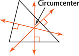 A triangle has lines intersecting the midpoints of each side at right angles. The lines intersect at the circumcenter.