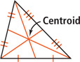 A triangle has segments extending from each vertex to the midpoints of the opposite sides, intersecting at the centroid.