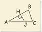 Triangle ABC has a segment from J on side AC meeting H on side AB at a right angle.
