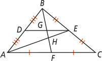 Triangle ABC has a segment from vertex A to midpoint E on side BC, segment from vertex B to midpoint F on side AC, and a segment from midpoint E to midpoint D on side AB.