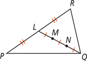 Triangle PQR has a segment from vertex Q meeting midpoint L of side PR at a right angle. Points M and N divide segment QL into three equal parts.