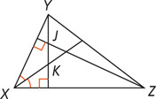 Triangle XYZ has a segment from vertex Y meeting side XZ at a right angle, intersecting a bisector of angle X at K and intersecting a segment from Z meeting side XY at a right angle at J.