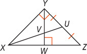 Triangle XYZ has a segment from vertex X to midpoint U on side YZ and a segment bisecting right angle Y and meeting side XZ at a right angle at W. The segments intersect at V.
