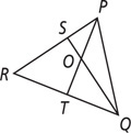 Triangle PQR has a segment from vertex P meeting side QR at T and a segment from vertex Q meeting side PR at S.