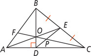 Triangle ABC has a segment from vertex C meeting side AB at F, a segment from vertex B meeting side AC at a right angle at D, and a segment from vertex A meeting midpoint E of side BC. These three segments intersect at O. Segments ED and CF intersect at P.