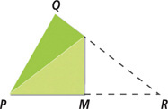 Triangle PQR, with side PR horizontal and vertex Q on top, has vertex R folded to vertex P, creating a vertical fold from side QR to side M on PR.
