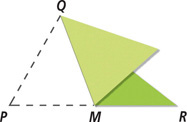 Triangle PQR has vertex P folded over to create a fold from Q to M.