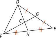 Triangle DEF has a segment from vertex F to midpoint G on side DE and a segment from vertex D to midpoint H on side EF, intersecting at C.