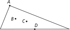 An acute triangle has point A at the top vertex, point B inside equidistant from each side, point C inside near the center, and point D on the bottom side, right of center.